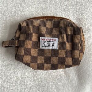 Brown Checkered Cosmetic Bag with Zipper Closure